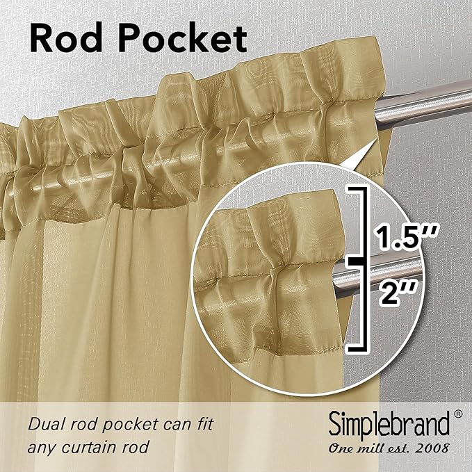 Simplebrand Gold Sheer Tier Curtains for Kitchen 24 Inches Long 2 Panels Set, Rod Pocket Cafe Curtain Light Filtering Sheer Short Curtains for Bathroom/Basement Half Window 42 x 24 Inch