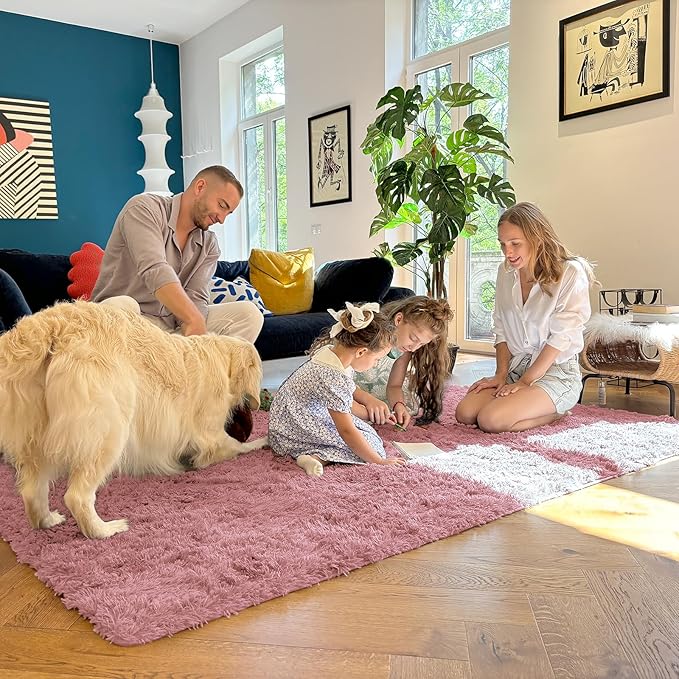 OLANLY 9x12 Machine Washable Large Area Rugs for Living Room, Bedroom, Soft Fluffy Shaggy Bedside Rug, Indoor Floor Carpet for Kids Girls and Boys, Dorms, Nursery, Home Decor Aesthetic, Pale Pink
