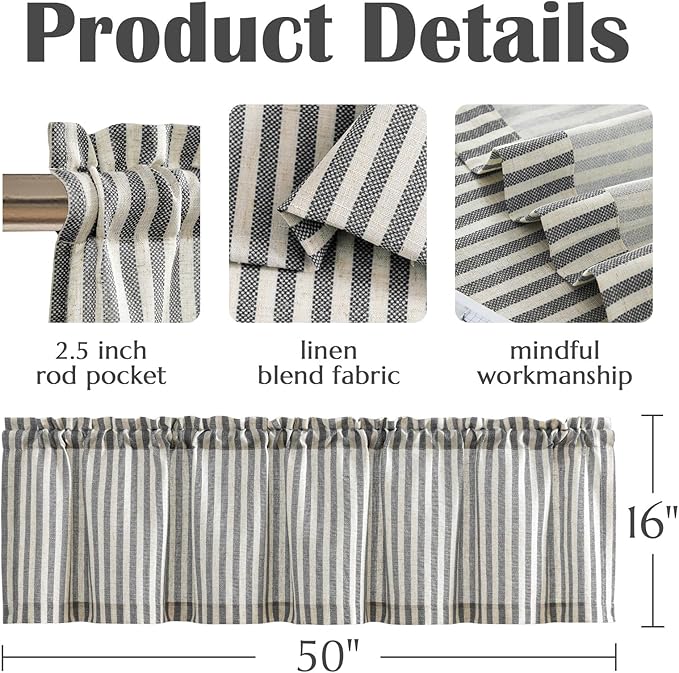 jinchan Valance Curtain Linen Textured Striped Window Curtain for Living Room Light Filtering Farmhouse Valance for Kitchen Rod Pocket 1 Panel 16 Inch Charcoal Grey on Linen 1 Panel