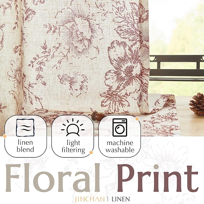 jinchan Linen Blend Curtain Floral Curtains for Living Room 45 Inch Length Farmhouse Brick Red Printed Curtain Rod Pocket Back Tab Peony Flower Patterned Drapes Curtains Set 2 Panels