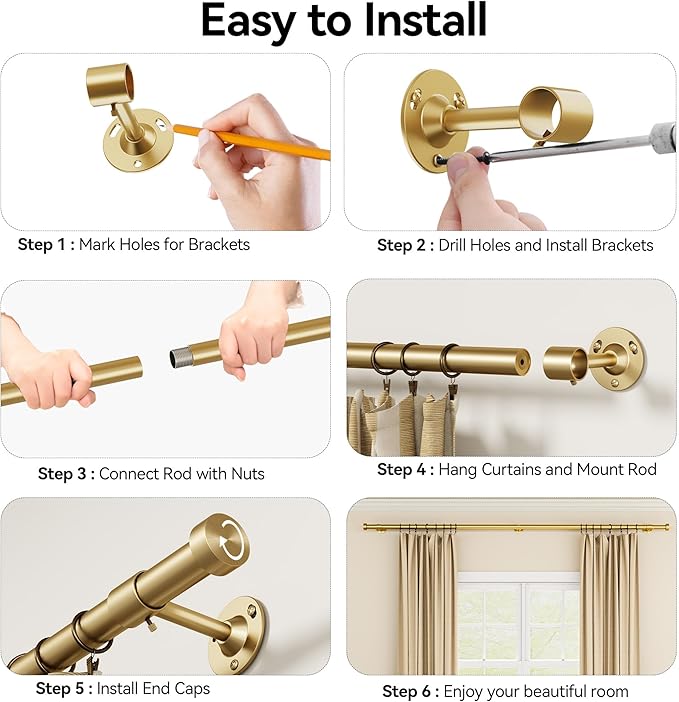 YaFex 2 Pack Heavy Duty Curtain Rods 32-120 Inch, 1 Inch Adjustable Gold Curtain Rod for Windows, Long Window Treatment Rods Set with Aluminium Finials, Modern Design