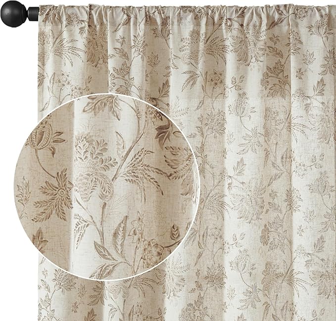 jinchan Linen Floral Curtains for Living Room with Printed Flower 84 Inches Long Light Filtering French Country Back Tab Rod Pocket Taupe Window Curtain Set Farmhouse Drapes 2 Panels Taupe