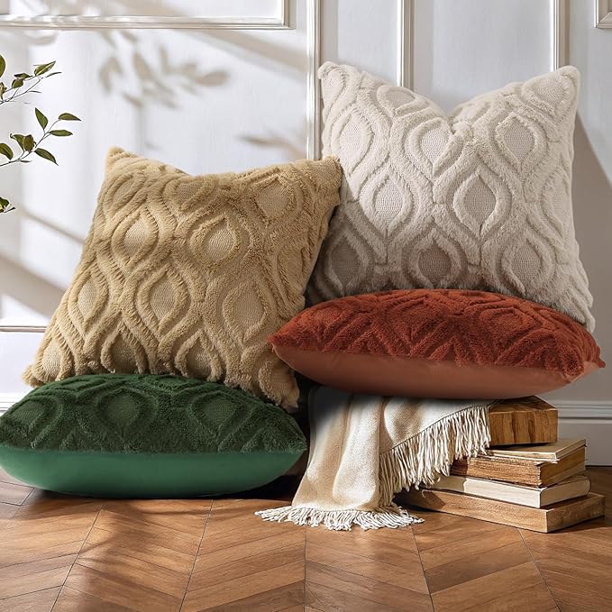 decorUhome Throw Pillow Covers 16x16 Inch Set of 2, Soft Plush Faux Wool Beige Solid Couch Pillow Covers, Accent Farmhouse Neutral Square Pillow Cases for Sofa Bed Living Room