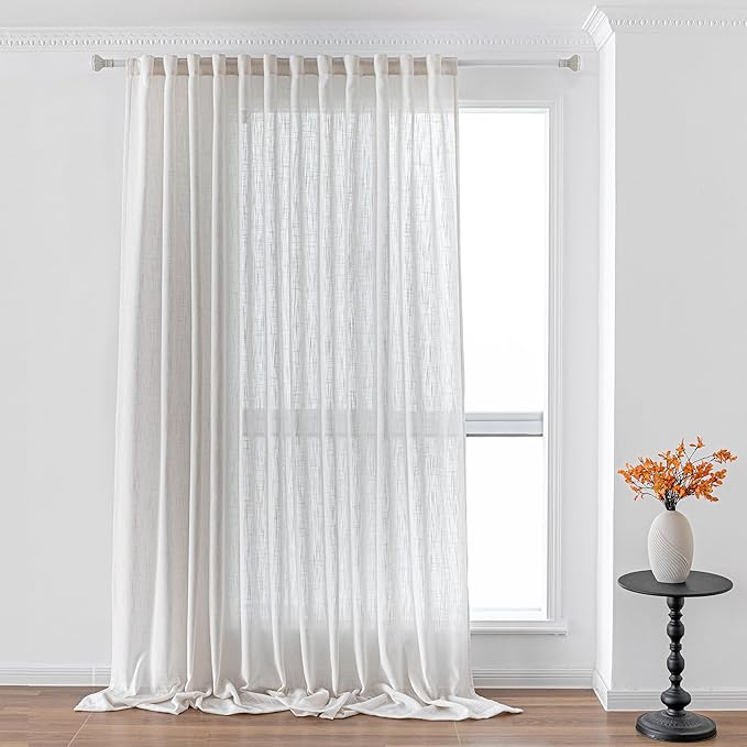 MYSKY HOME Natural Linen Living Room Curtains, Semi Sheers Light Filtering Back Tab Privacy Drapes for Patio Pergola Gazebo Nice Vertical Elegant Style, Beige White, 100 x 95 Inches, 1 Panel