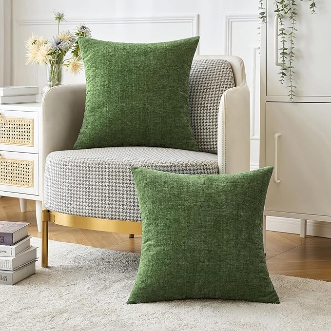 MIULEE Pack of 2 Couch Throw Pillow Covers 18x18Inch Soft Moss Green Spring Chenille Pillow Covers for Sofa Living Room Solid Dyed Pillow Cases