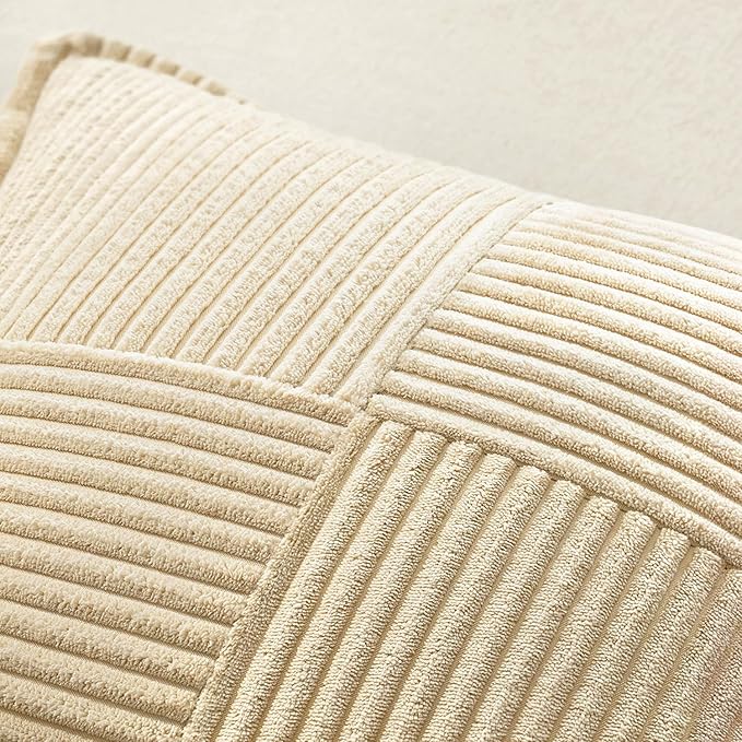 MIULEE Decorative Throw Pillow Covers for Couch Bed Livingroom 20x20 Inch Set of 2 Cream Boho Accent Throw Pllows Broadside Striped Patchwork Soft Corduroy Pillowcases