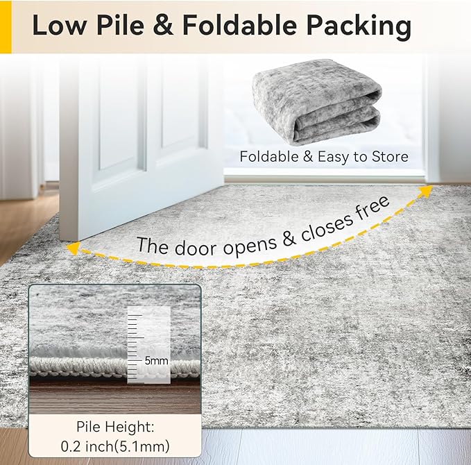 Washable Area Rugs 5'x8' Non-Slip Modern Abstract Soft for Living Room Entryway Bedroom Nursery, Print Pattern, Gray White Grey