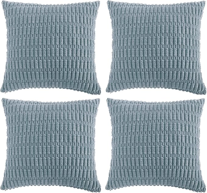 Fancy Homi 4 Packs Boho Light Blue Decorative Throw Pillow Covers 16x16 Inch for Couch Bed Sofa, Rustic Modern Farmhouse Home Decor, Soft Plush Corduroy Cute Square Cushion Case 40x40 cm