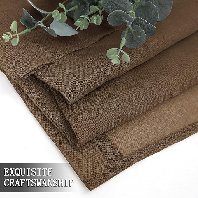 Tollpiz Short Sheer Curtains Linen Textured Living Room Curtain Sheers Light Filtering Rod Pocket Voile Curtains for Bedroom, 42 x 45 inches Long, Brown, Set of 2 Panels