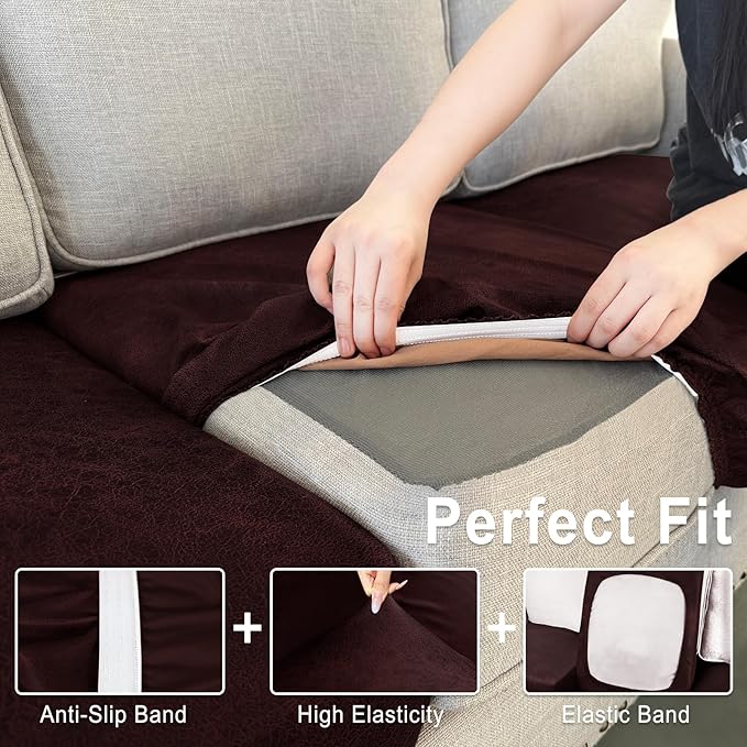 Leather Look Couch Cushion Covers Sofa Seat Slipcovers Sets Couches Furniture Protector for Sectional Armchair Loveseat Pets Kids Stretch Spandex Fabric (1 Cushion Loveseat, Burgundy)