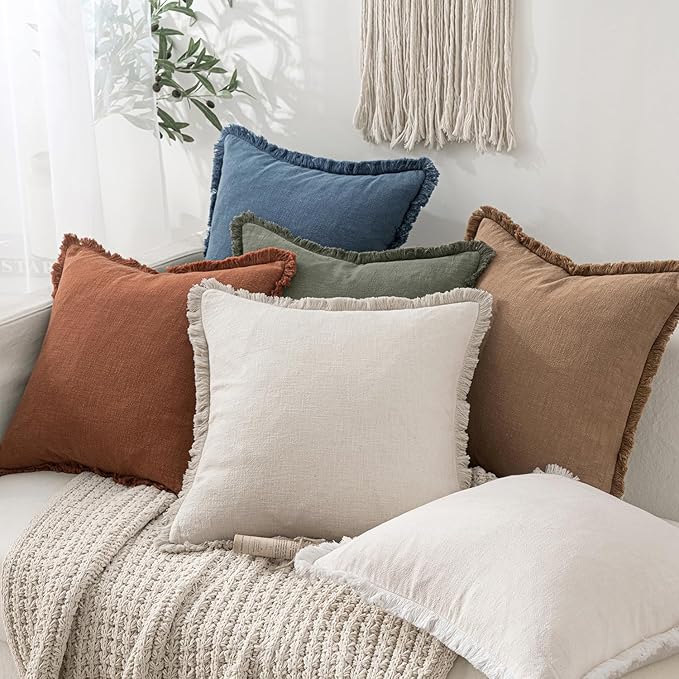MIULEE Decorative Throw Pillow Covers Neutral Linen Fringe Throw Pillows Set of 2 Blue Ashes Boho Farmhouse Cushion Covers with Tassels for Couch Sofa Bed Spring Home Decor 22x22 Inch