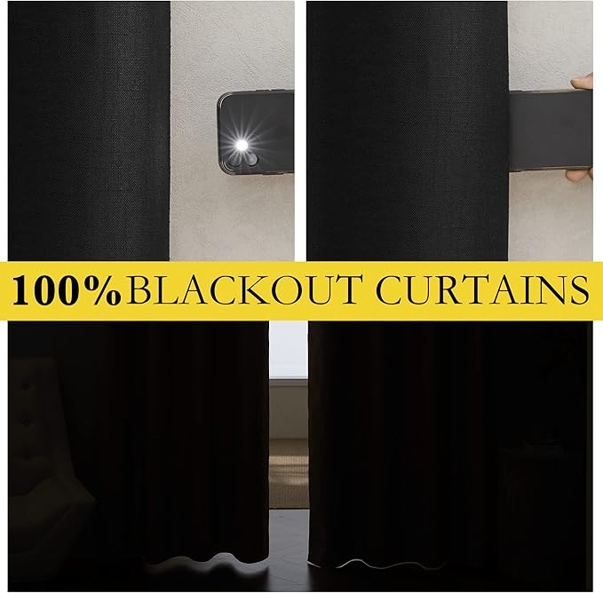 NICETOWN Vintage Open Linen Weave Flax Thermal Curtains, 100% Blackout Curtains 48 inches Long for Dining Room, Soundproof Window Treatment Drapes for Cupboard, Black, 34" Wide Per Panel, Set of 2