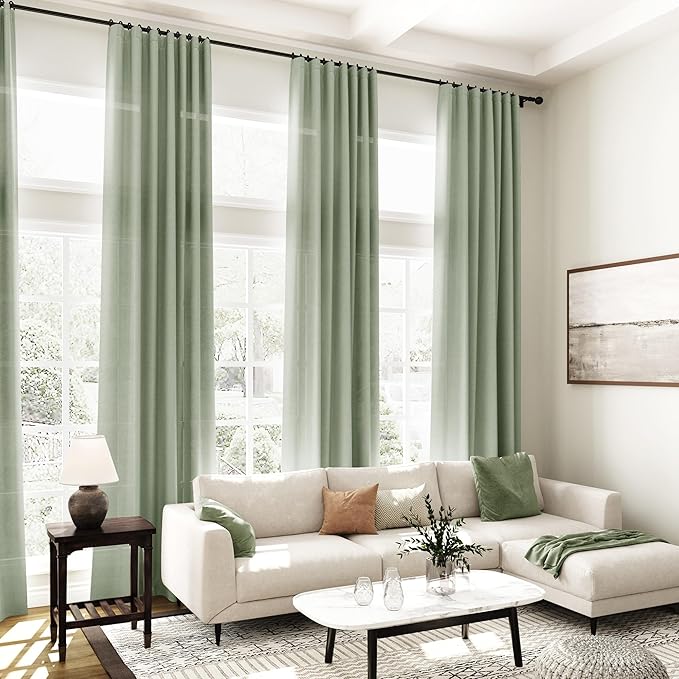 Extra Long Desert Sage Linen Curtains 120 Inch for Living Room 2 Panels Set Rod Pocket Back Tab Light Filtering Semi Sheer Linen Window Drapes Privacy High Ceiling Drapes for Farmhouse 52x120