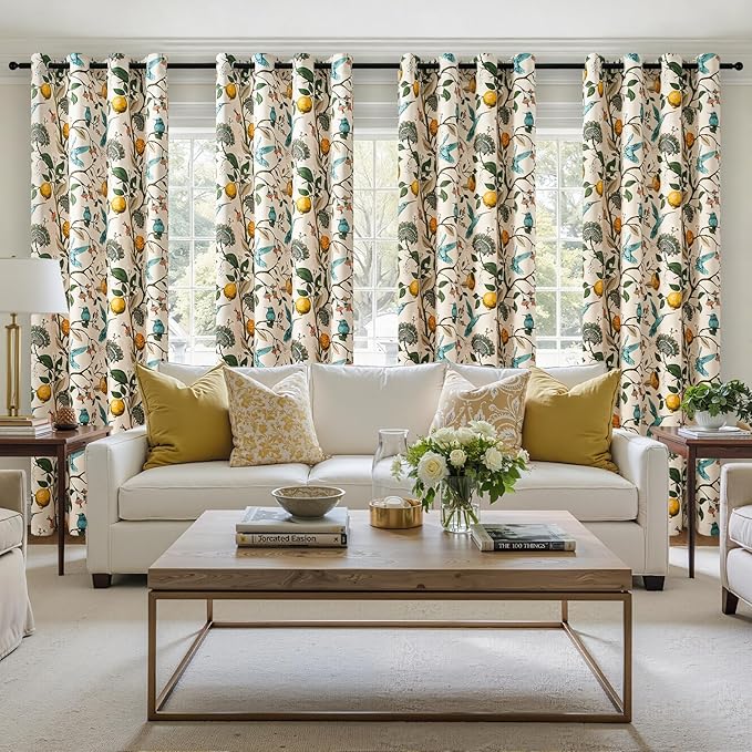 Topfinel Beige Vintage Floral Curtains 84 Inch Long Luxury Whimsical Euro Flower Lemon Hummingbird Patterned Waverly Mid Century Colorful Blackout Drapes for Living Room Bedroom