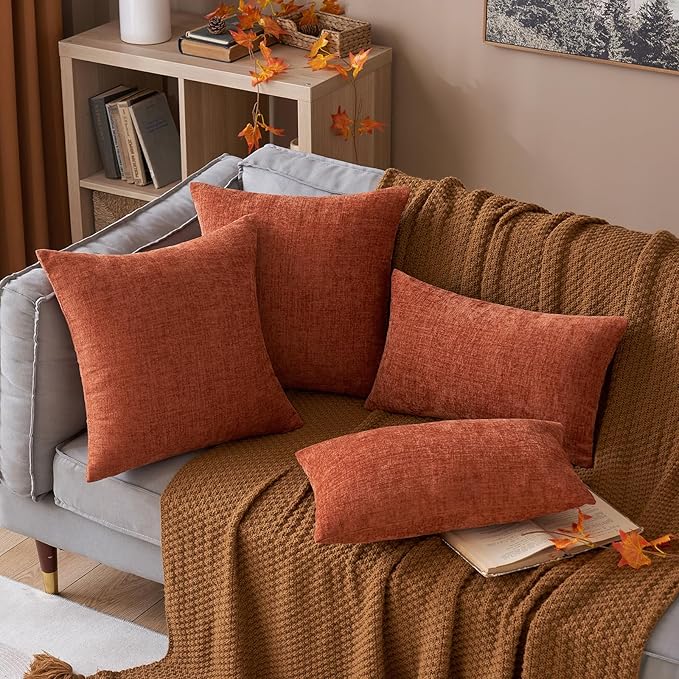 MIULEE Pack of 2 Couch Throw Pillow Covers 12x20 Inch Soft Burnt Orange Chenille Lumbar Pillow Covers for Sofa Living Room Solid Dyed Cases