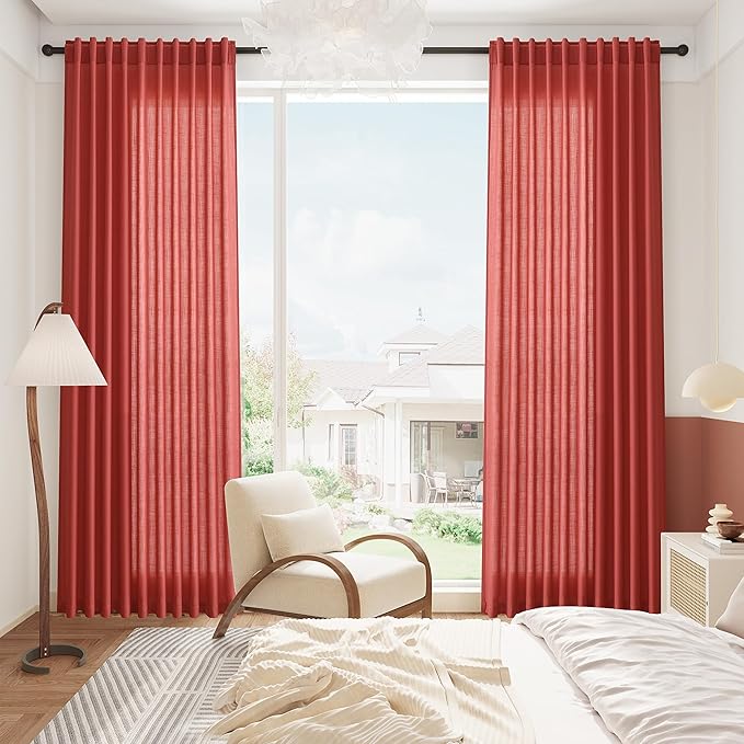 Nanspring Christmas Red Linen Curtains 84 Inch Length 2 Panels Set for Living Room Light Filtering Semi Sheer Curtain Back Tab Vintage Rustic Luxury Home Decor Neutral Drapes for Bedroom Office 52x84