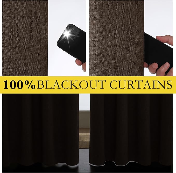 NICETOWN Coffee Vintage Linen 100% Blackout Curtains for Living Room, Thermal Insulated Curtains 45" Long, Noise Reducing Window Treatment Drapes for Hall Room, 52" Wide Per Panel, Set of 2