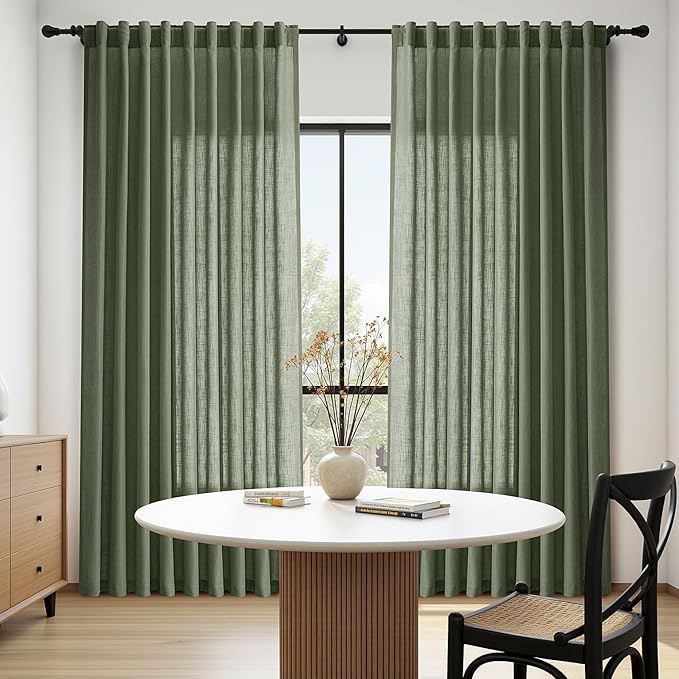 Nanspring 70 Inches Wide Olive Green Linen Curtains for Living Room 2 Panels Set 96 Inch Length Back Tab Light Filtering and Breathability Semi Sheer Curtain for Bedroom 70x96