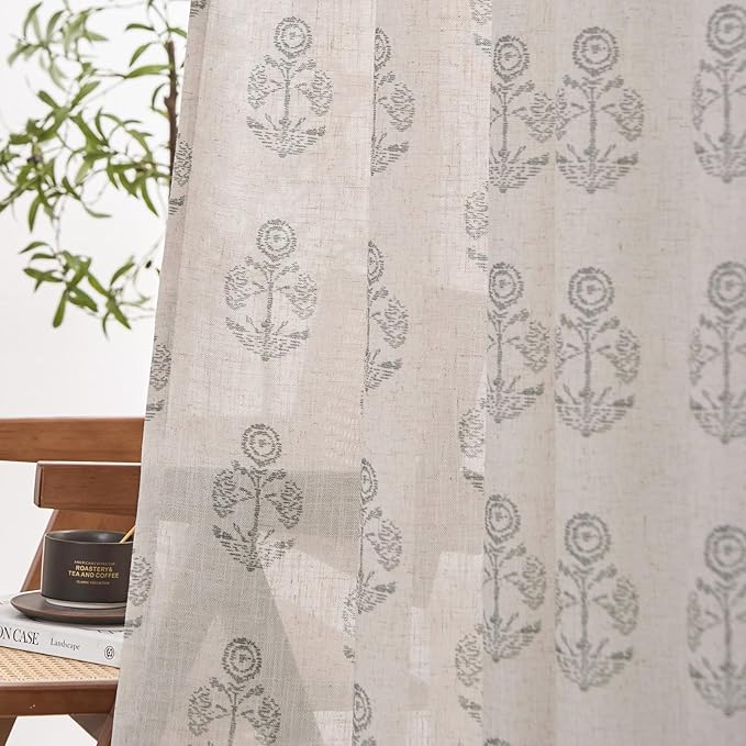 jinchan Linen Floral Curtains for Living Room 84 Inch Length Gray Flower Cottage Core Farmhouse Curtains Rod Pocket Back Tab Boho Semi Sheer Window Drapes Bedroom Set 2 Panels Grey on Beige