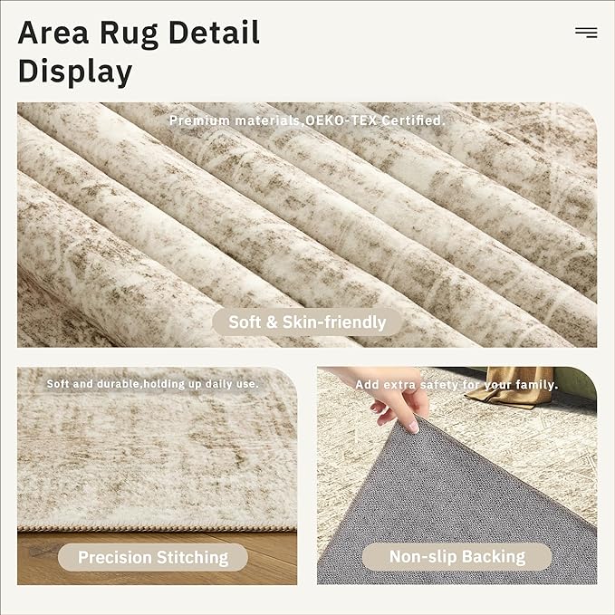 Soalmost Washable Area Rug 8x10, Large Soft Rugs for Living Room Vintage 8x10 Area Rugs for Bedroom Dining Room Floral Non-Slip Thin Brown
