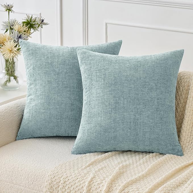 MIULEE Pack of 2 Light Blue Throw Pillow Covers 18x18 Inch Soft Chenille Pillow Covers for Sofa Living Room Spring Home Decor Couch Solid Dyed Cases