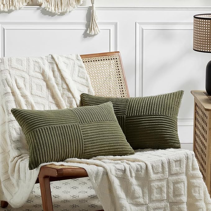 Fancy Homi 2 Packs Olive Green Lumbar Decorative Throw Pillow Covers 14x22 Inch for Living Room Couch Bed, Farmhouse Boho Home Decor, Soft Striped Corduroy Rectangle Accent Cushion Case 35x55 cm