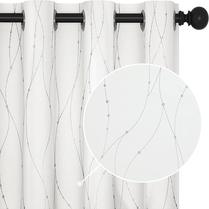 Deconovo White Curtains, Room Darkening Curtain, Thermal Insulated Soundproof Drapes, Wave Dots Silver Print, 52 x 63 Inch Long, Grommet Top, Window Panels for Living Room Bedroom Nursery, Set of 2