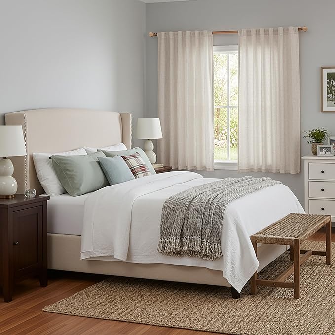 MYSKY HOME Linen Natural Farmhouse Kitchen Curtains 54 inches Long, Boho Curtain Panels Country Style Semi Sheer Window Panels for Home Decor, Light Filtering Privacy Drapes, 50" Wide, Pack-2