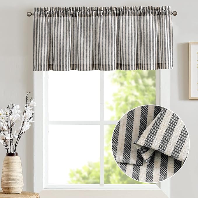 jinchan Valance Curtain Linen Textured Striped Window Curtain for Living Room Light Filtering Farmhouse Valance for Kitchen Rod Pocket 1 Panel 16 Inch Charcoal Grey on Linen 1 Panel