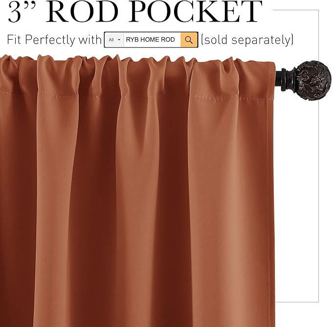 RYB HOME Half Curtain Tiers 36 inch Length, Rod Pocket Summer Heat Blocking Thermal Insulated Short Blackout Curtains for Small Window, Width 34 by Length 36, Burnt Orange, 2 Panels