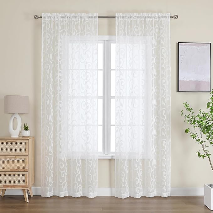 OWENIE Furman Ivory Sheer Curtains 96 inches Long for Bedroom Living Room 2 Panels Set, Light Filtering Soft Semi Sheer Jacquard Clip Farmhouse Curtains Rod Pocket Design, 40Wx96L inch