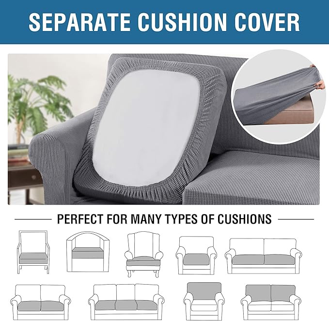 H.VERSAILTEX 4 Piece Stretch Sofa Covers for 3 Cushion Couch Covers for Living Room Furniture Slipcovers (Base Cover Plus 3 Seat Cushion Covers) Upgraded Thicker Jacquard Fabric (XL Sofa, Dove)