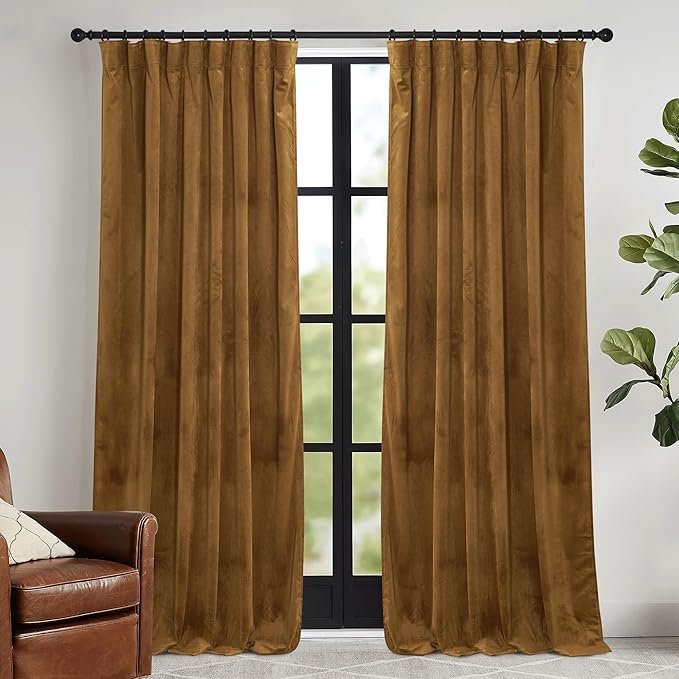 RYB HOME Brownish Gold Velvet Curtains 96 inch, Retro Vintage Room Darkening Window Curtains for Living Room Thermal Insulated Shades with Pleat Tape Pocket & Tabs for Bedroom, W52 x L96 inch, 2 Panel