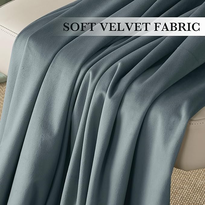 RYB HOME Dusty Blue Velvet Drapes for Baby Boy Bedroom, Thermal Insulated, Light Blocking, Floor-Length Velvet Curtains with Hook Belt for Modern Home Decor, 52" W x L102 L, 2 Panels Set