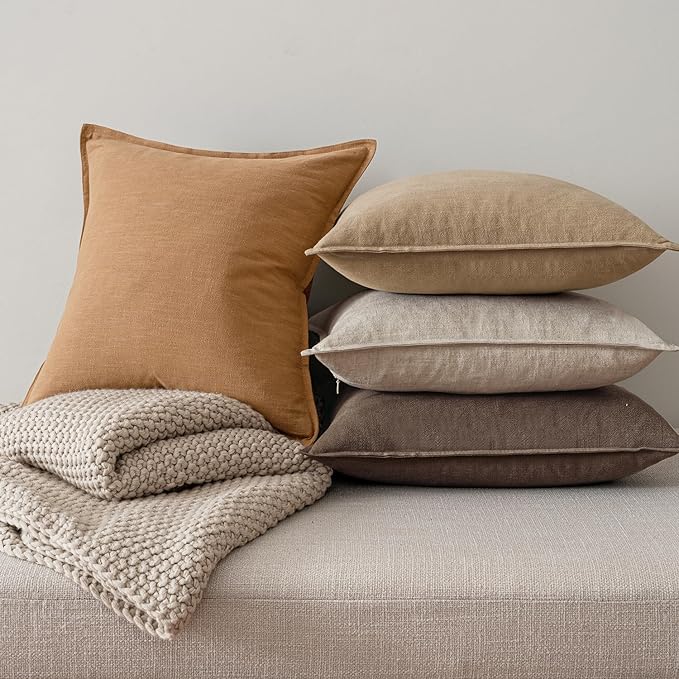 MIULEE Neutral Brown Linen Pillow Covers Pack of 4 Decorative Natural Fall Throw Pillow Covers Soft Accent Boho Farmhouse Couch Pillowcases Modern Spring Decor for Living Room Bed Sofa 18x18 Inch