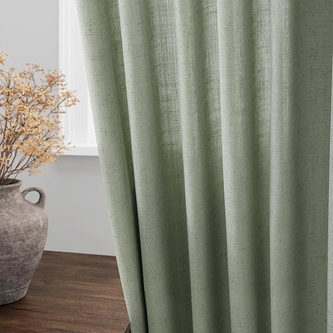 Nanspring Desert Sage Linen Curtains Semi Sheer 96 Inches Long 2 Panels Set for Living Room Back Tab Rod Pocket Light Filtering Drape for Bedroom Modern Farmhouse Coastal Decor Protect Privacy 52x96