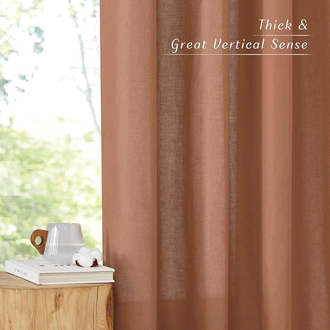 NICETOWN Caramel Linen Curtains for Kitchen, Thick Flax Small Window Treatments Semi Sheer Privacy Assured with Light Through for Cafe/Bathroom, W42 x L36, 2 Panels