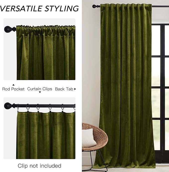 RYB HOME Moss Green Velvet Curtains 90 inches, Luxury and Soft Velvet Fabric, Spring Summer Decorative Curtains & Drapes for Patio Doory Room Window, W 52 x L 90 inches, 2 Panels Set