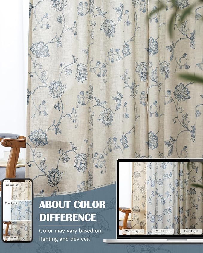 jinchan Linen Curtains Floral Curtains 96 Inch Length for Living Room Bedroom Light Filtering Rod Pocket Back Tab Jacobean Curtains Flax Linen Texture Window Drapes Set 2 Panels Blue on Linen