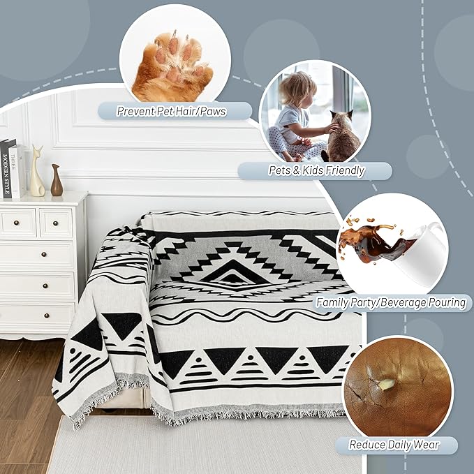 MYSKY HOME Boho Couch Cover for Dogs Washable Black Rhombic Couch Sofa Protector Cats Pets Friendly Chenille Geometric Sofa Covers Soft Durable Farmhouse Sofa Slipcovers, 71" X102"