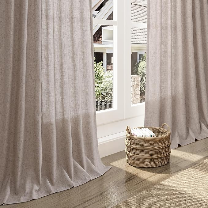 Brownish Grey Linen Curtains 96 Inches Long for Living Room Back Tab Vintage Rustic Farmhouse Light Filtering Curtain Burlap Textured Linen Drapes 96 Inch Length for Dinning Room Bedroom 52x96 8 FT