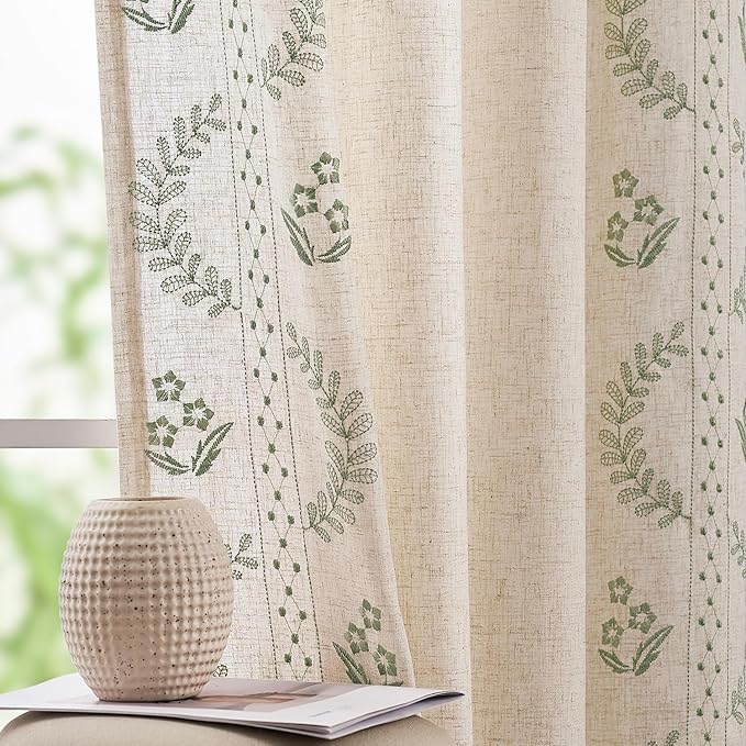 jinchan Belrose Linen Curtains for Bedroom Floral Curtains 63 Inch Length Linen Blend Sage Green Embroidered Drapes Farmhouse Flower Patterned Drapes for Living Room Window Treatments Set 2 Panels