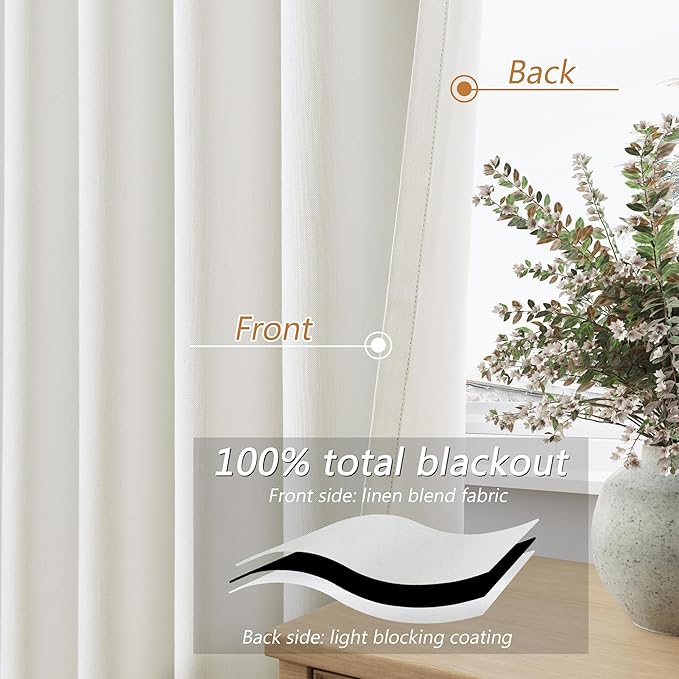 Guken Ivory 100% Blackout Linen Curtains 108 Inch Length 2 Panels Set for Living Room Bedroom Back Tab/Rod Pocket Thermal Insulated Black Out Drapes Room Darkening Farmhouse Window Curtains