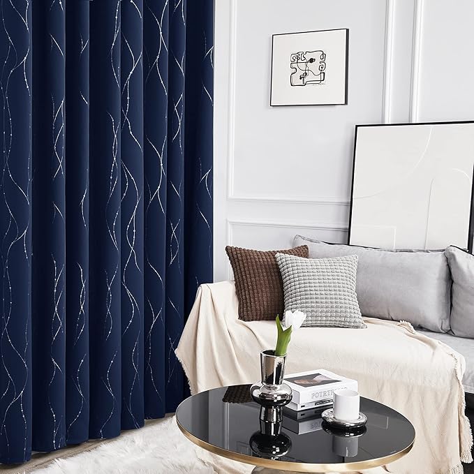 Deconovo Blackout Curtains, Thermal Insulated Noise‑Reducing Grommet Drapes, Wave Line Dot Foil Print, 38 x 54 Inch Long, 2 Panels, Machine‑Washable Window Curtains for Bedroom Living Room Kitchen