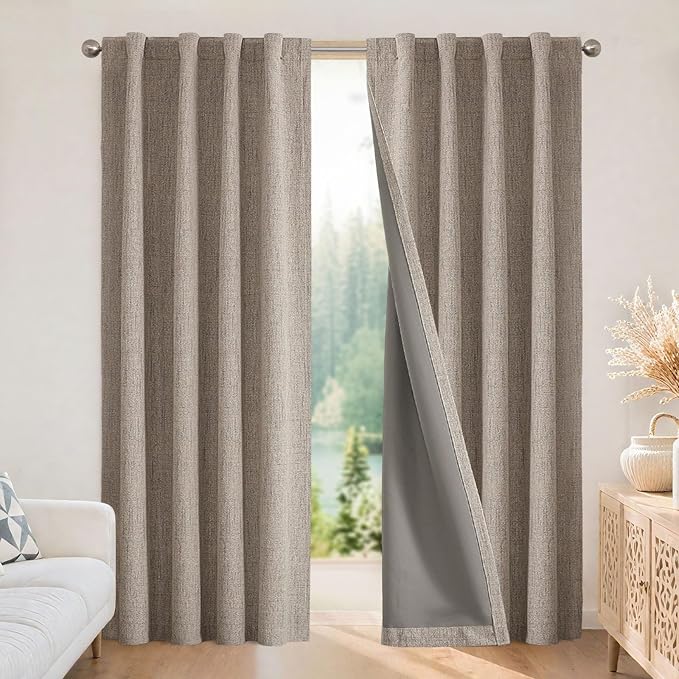 Joydeco Linen Blackout Curtains for Bedroom - 100% Light Blocking 1 Panels, Linen Drapes 100" W x 96" L, Thermal Insulated Room Darkening Curtains for Living Room, Rod Pocket & Back Tabs