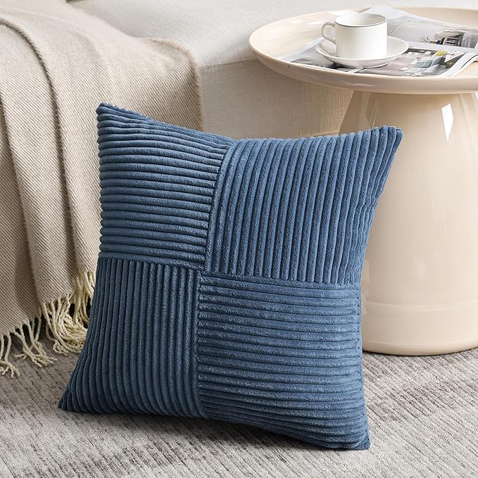 Fancy Homi 2 Packs Dusty Blue Decorative Throw Pillow Covers 18x18 Inch for Living Room Couch Bed, Farmhouse Boho Home Decor, Soft Corss Corduroy Patchwork Textured Square Cushion Case 45x45cm