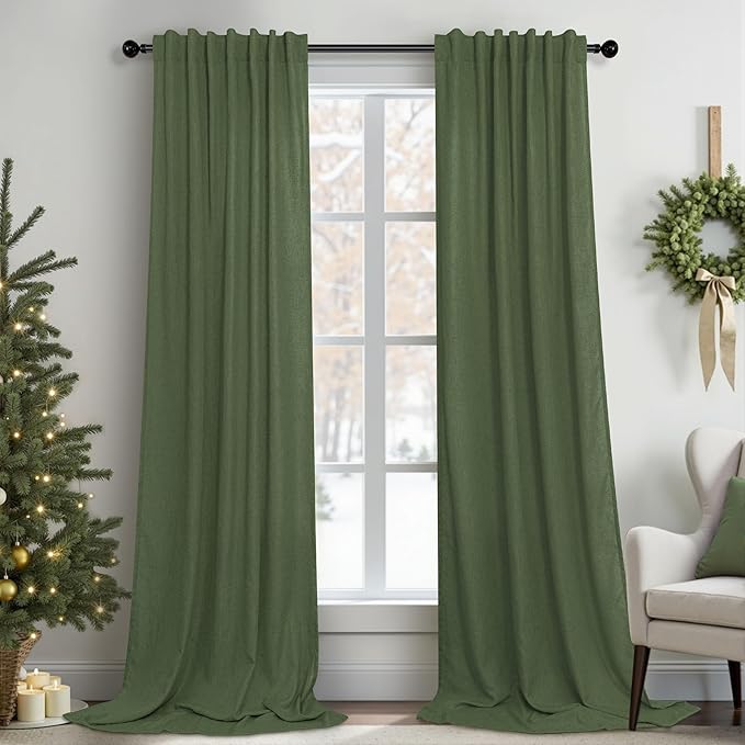 Pitalk Olive Green Curtains 102 Inch Length for Living Room 2 Panels Back Tab Pocket Linen Sheer Semi Light Weight Breathable Airy Flowy Loden Green Boho Curtain for Bedroom Bay Window 8.5 FT Long