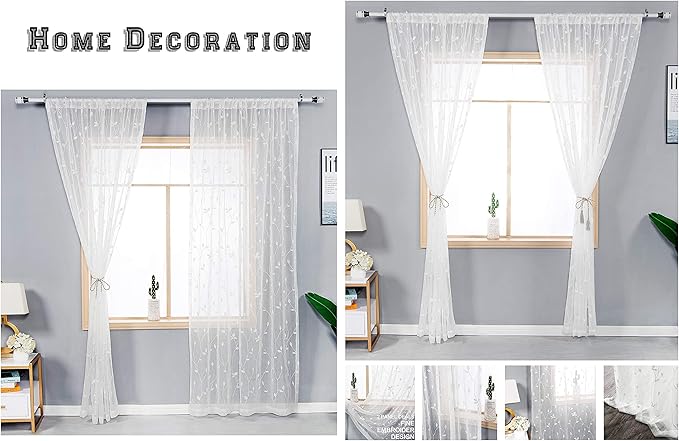 AmHoo 2 Panels Embroidered Leaf Pattern Semi Sheer Curtains Foliage Floral Voile Window Draperies Treatment for Bedroom Living Room Rod Pocket White 53 x 95 Inch