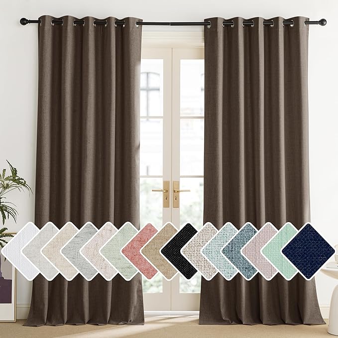 NICETOWN Coffee Vintage Linen 100% Blackout Curtains for Living Room, Thermal Insulated Curtains 102“ Long, Noise Reducing Window Treatment Drapes for Home Office, 62" Wide Per Panel, Set of 2