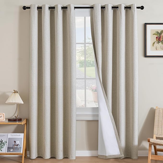 H.VERSAILTEX Linen Curtains 100% Blackout Curtains for Bedroom 102 inch Long Full Light Blocking Nature Linen Blended Window Curtains for Living Room Nickel Grommet (2 Panels, Heathered Linen)